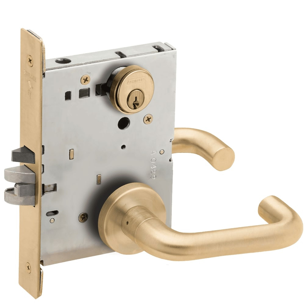 L9080P-03A-606-RX Schlage L Series Storeroom Commercial - Request to Exit Mortise Lock with 03 Cast Lever Design in Satin Brass