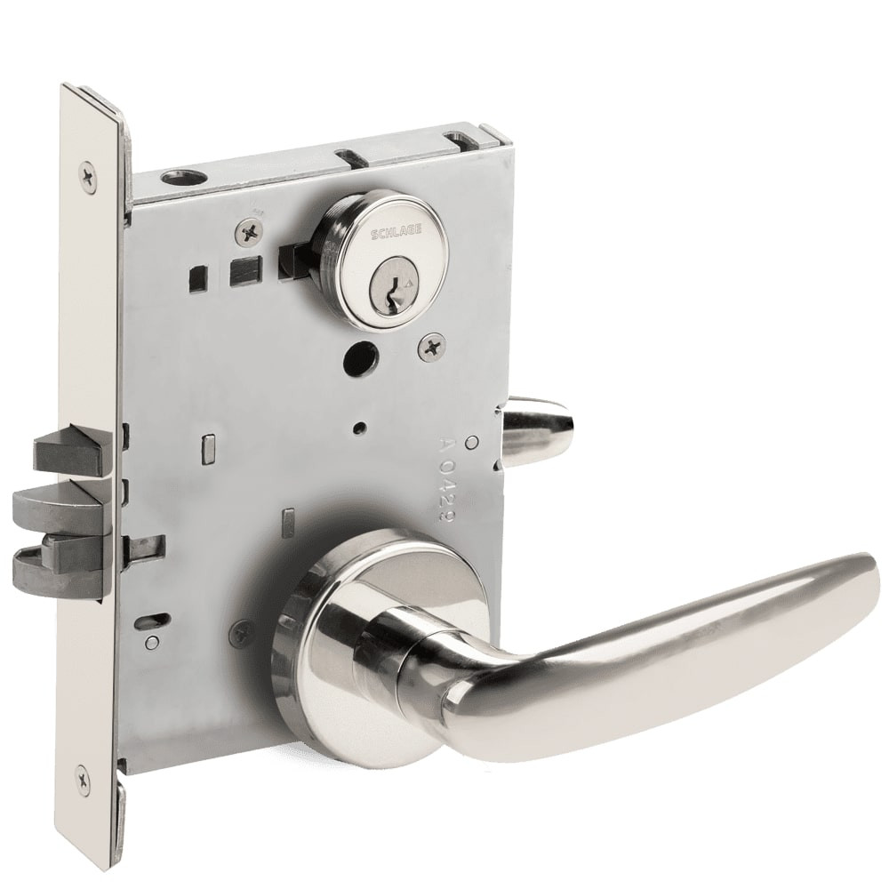 L9080P-07B-625-RX Schlage L Series Storeroom Commercial - Request to Exit Mortise Lock with 07 Cast Lever Design in Bright Chrome