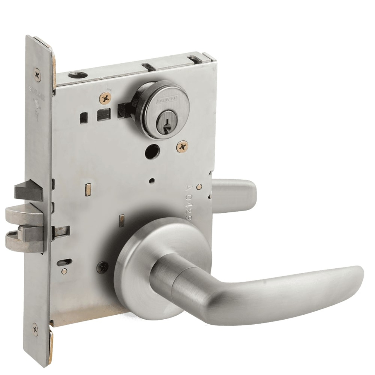 L9080P-07B-630-RX Schlage L Series Storeroom Commercial - Request to Exit Mortise Lock with 07 Cast Lever Design in Satin Stainless Steel