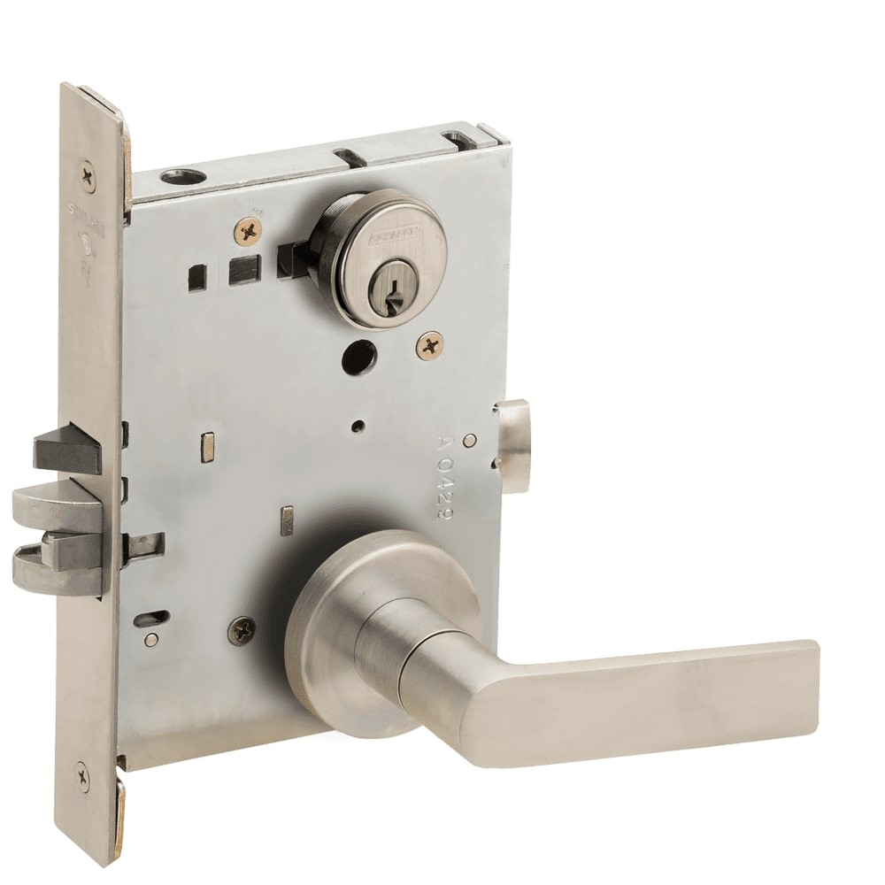 L9080P-01A-619-LX Schlage L Series Storeroom Commercial - Latchbolt Monitor Mortise Lock with 01 Cast Lever Design in Satin Nickel
