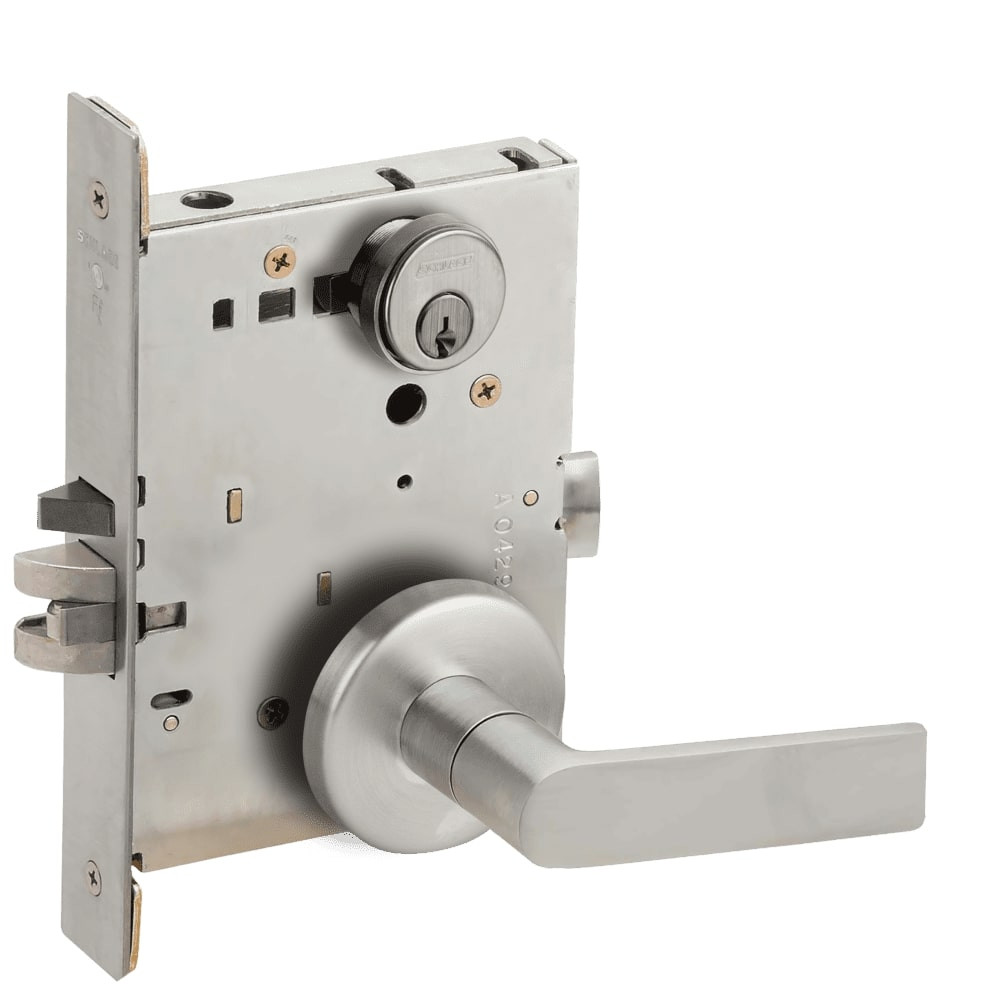 L9080P-01B-630-LX Schlage L Series Storeroom Commercial - Latchbolt Monitor Mortise Lock with 01 Cast Lever Design in Satin Stainless Steel