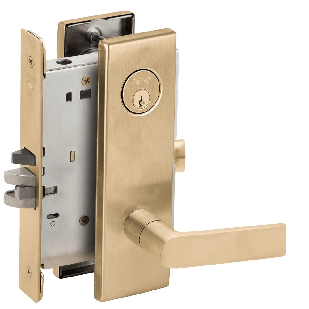 L9080P-01N-606-RX Schlage L Series Storeroom Commercial - Request to Exit Mortise Lock with 01 Cast Lever Design in Satin Brass