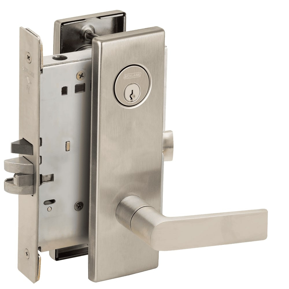 L9080P-01N-619-RX Schlage L Series Storeroom Commercial - Request to Exit Mortise Lock with 01 Cast Lever Design in Satin Nickel