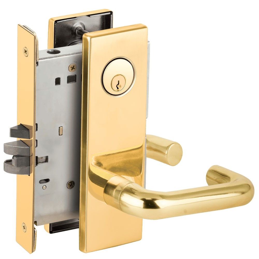 L9080P-03N-605-RX Schlage L Series Storeroom Commercial - Request to Exit Mortise Lock with 03 Cast Lever Design in Bright Brass