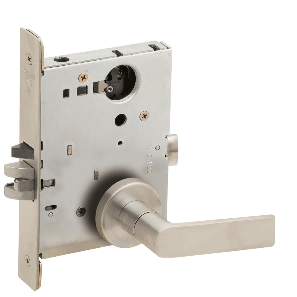 L9080L-01A-619-RX Schlage L Series Less Cylinder Storeroom Commercial - Request to Exit Mortise Lock with 01 Cast Lever Design in Satin Nickel