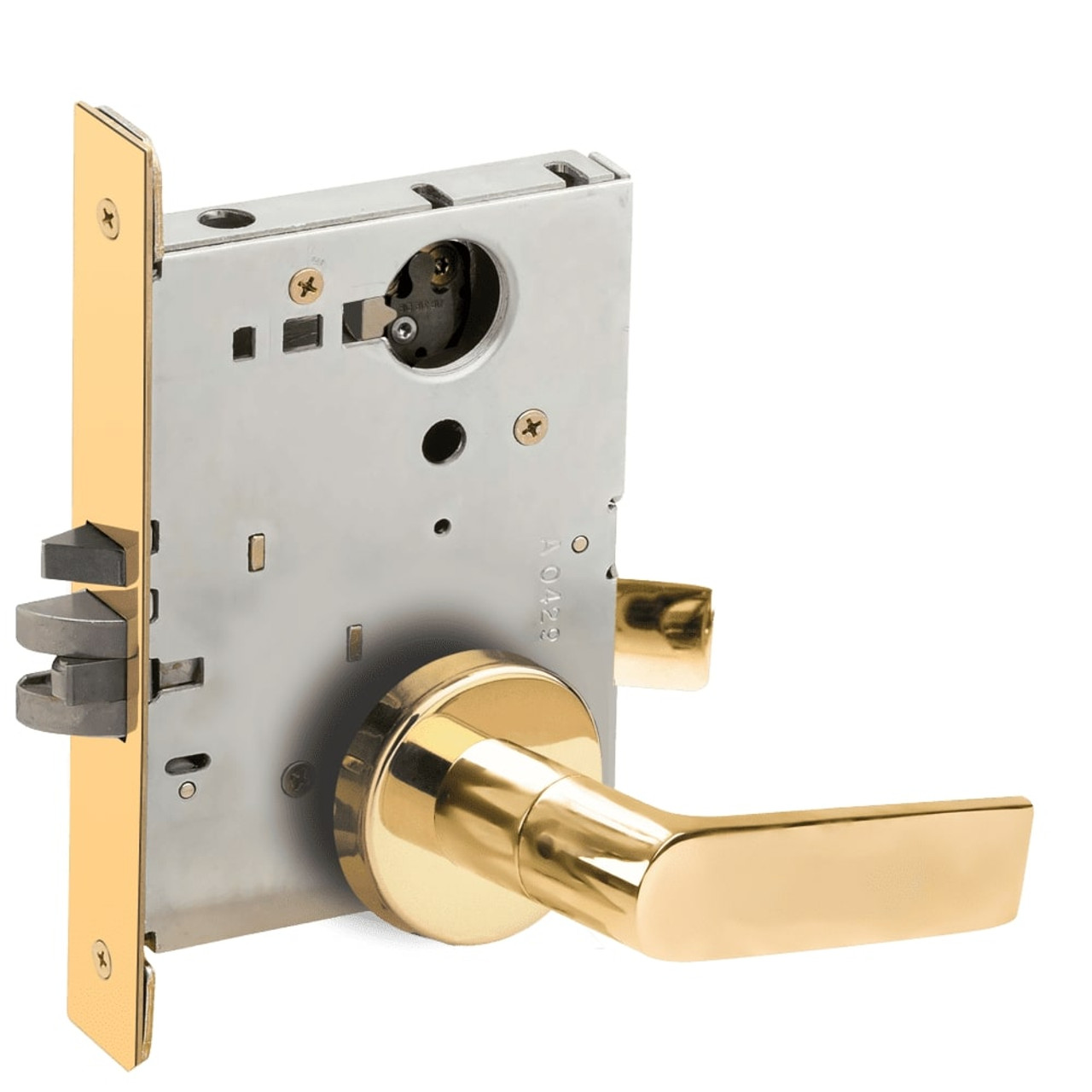 L9080L-01B-605-RX Schlage L Series Less Cylinder Storeroom Commercial - Request to Exit Mortise Lock with 01 Cast Lever Design in Bright Brass L9080L-01B-605-RX Schlage L Series Less Cylinder Storeroom Commercial - Request to Exit Mortise Lock with 01 Cast Lever Design in Bright Brass
