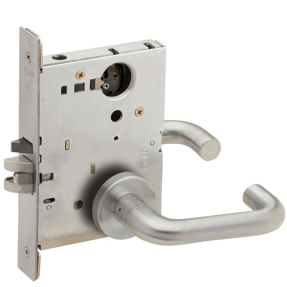 L9080L-03A-630-RX Schlage L Series Less Cylinder Storeroom Commercial - Request to Exit Mortise Lock with 03 Cast Lever Design in Satin Stainless Steel