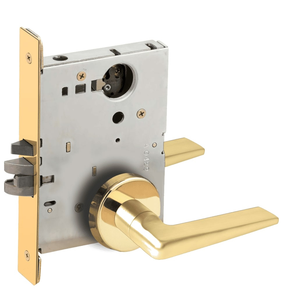L9080L-05B-605-RX Schlage L Series Less Cylinder Storeroom Commercial - Request to Exit Mortise Lock with 05 Cast Lever Design in Bright Brass