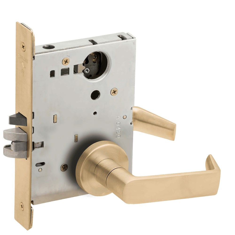 L9080L-06A-606-RX Schlage L Series Less Cylinder Storeroom Commercial - Request to Exit Mortise Lock with 06 Cast Lever Design in Satin Brass