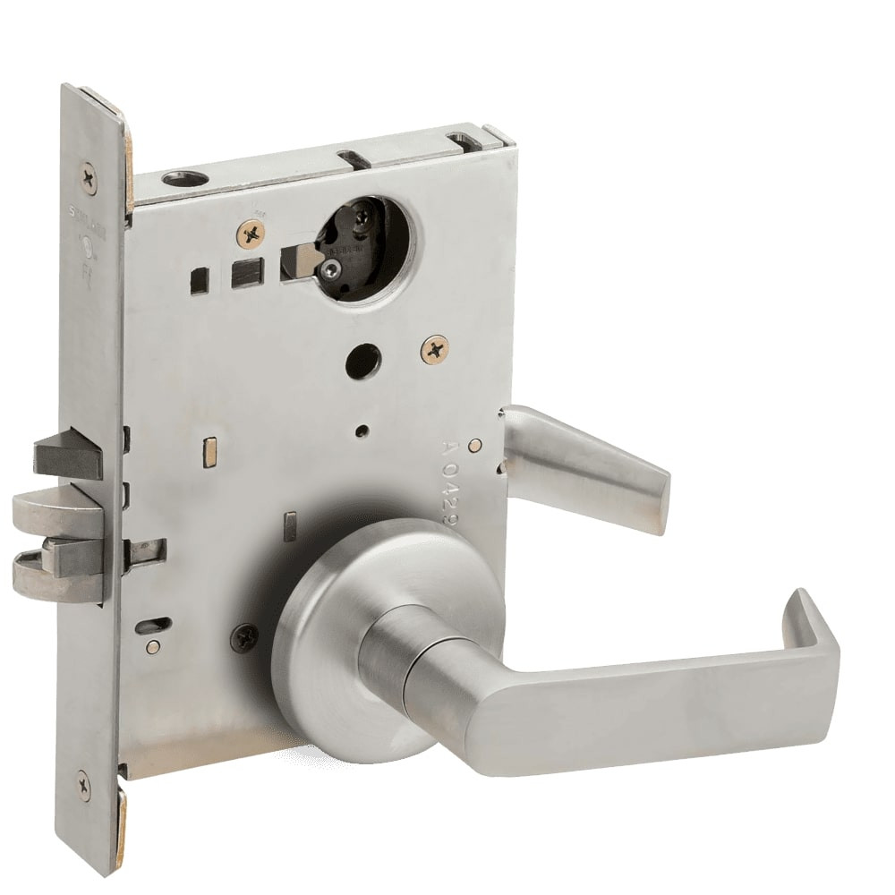 L9080L-06B-626-RX Schlage L Series Less Cylinder Storeroom Commercial - Request to Exit Mortise Lock with 06 Cast Lever Design in Satin Chrome