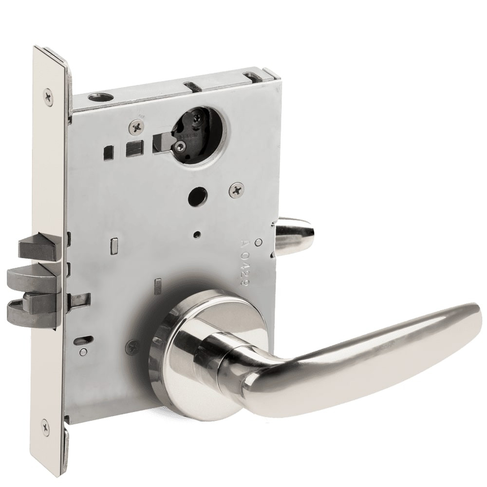 L9080L-07B-629-RX Schlage L Series Less Cylinder Storeroom Commercial - Request to Exit Mortise Lock with 07 Cast Lever Design in Bright Stainless Steel