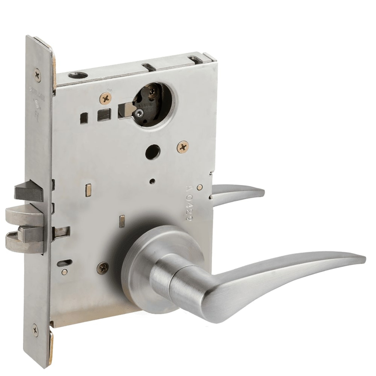 L9080L-12A-626-LH-RX Schlage L Series Less Cylinder Storeroom Commercial - Request to Exit Mortise Lock with 12 Cast Lever Design in Satin Chrome