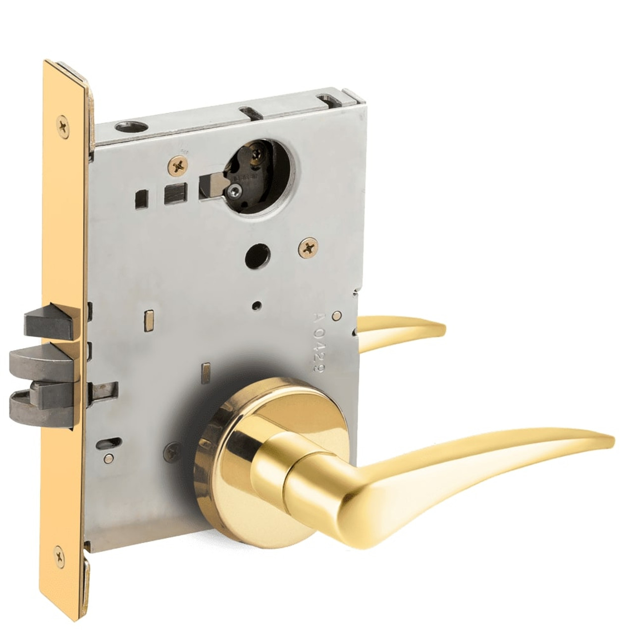L9080L-12B-605-LH-RX Schlage L Series Less Cylinder Storeroom Commercial - Request to Exit Mortise Lock with 12 Cast Lever Design in Bright Brass
