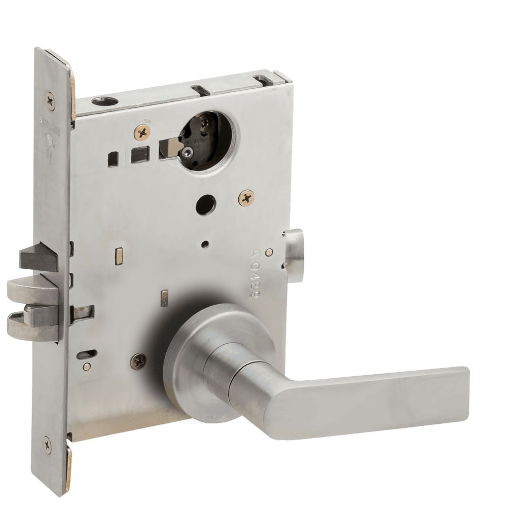 L9080L-01A-630-LX Schlage L Series Less Cylinder Storeroom Commercial - Latchbolt Monitor Mortise Lock with 01 Cast Lever Design in Satin Stainless Steel