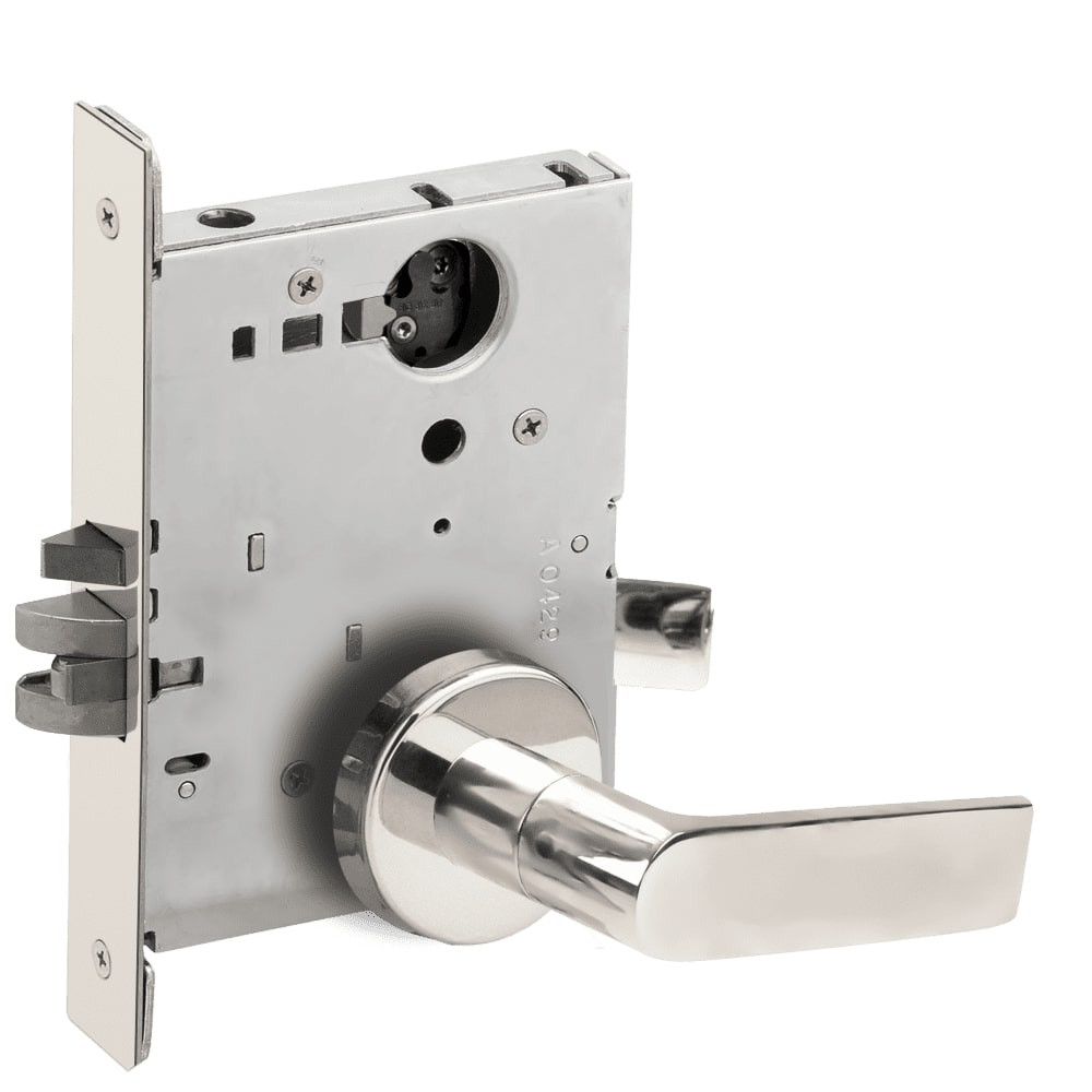 L9080L-01B-625-LX Schlage L Series Less Cylinder Storeroom Commercial - Latchbolt Monitor Mortise Lock with 01 Cast Lever Design in Bright Chrome