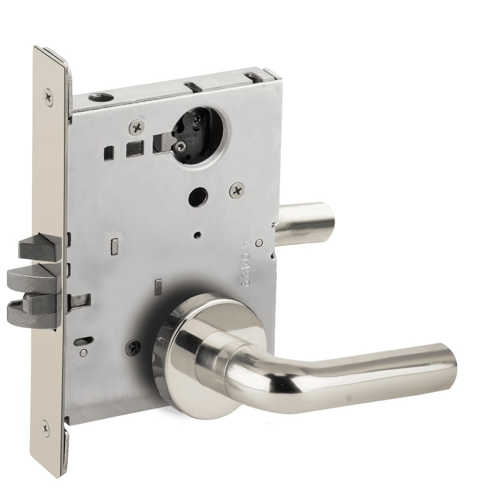 L9080L-02A-629-LX Schlage L Series Less Cylinder Storeroom Commercial - Latchbolt Monitor Mortise Lock with 02 Cast Lever Design in Bright Stainless Steel