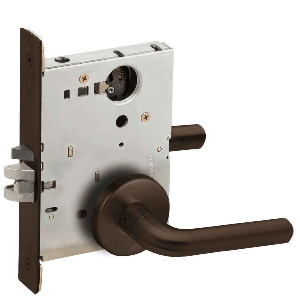 L9080L-02B-613-LX Schlage L Series Less Cylinder Storeroom Commercial - Latchbolt Monitor Mortise Lock with 02 Cast Lever Design in Oil Rubbed Bronze