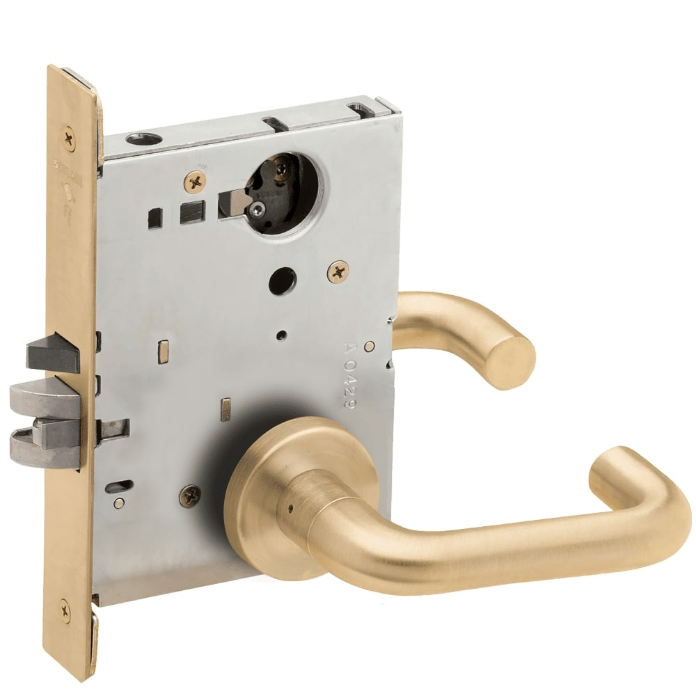 L9080L-03A-606-LX Schlage L Series Less Cylinder Storeroom Commercial - Latchbolt Monitor Mortise Lock with 03 Cast Lever Design in Satin Brass