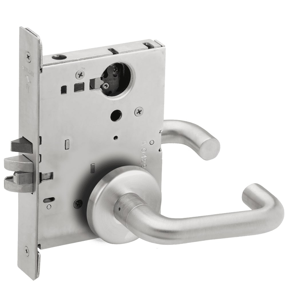 L9080L-03B-626-LX Schlage L Series Less Cylinder Storeroom Commercial - Latchbolt Monitor Mortise Lock with 03 Cast Lever Design in Satin Chrome