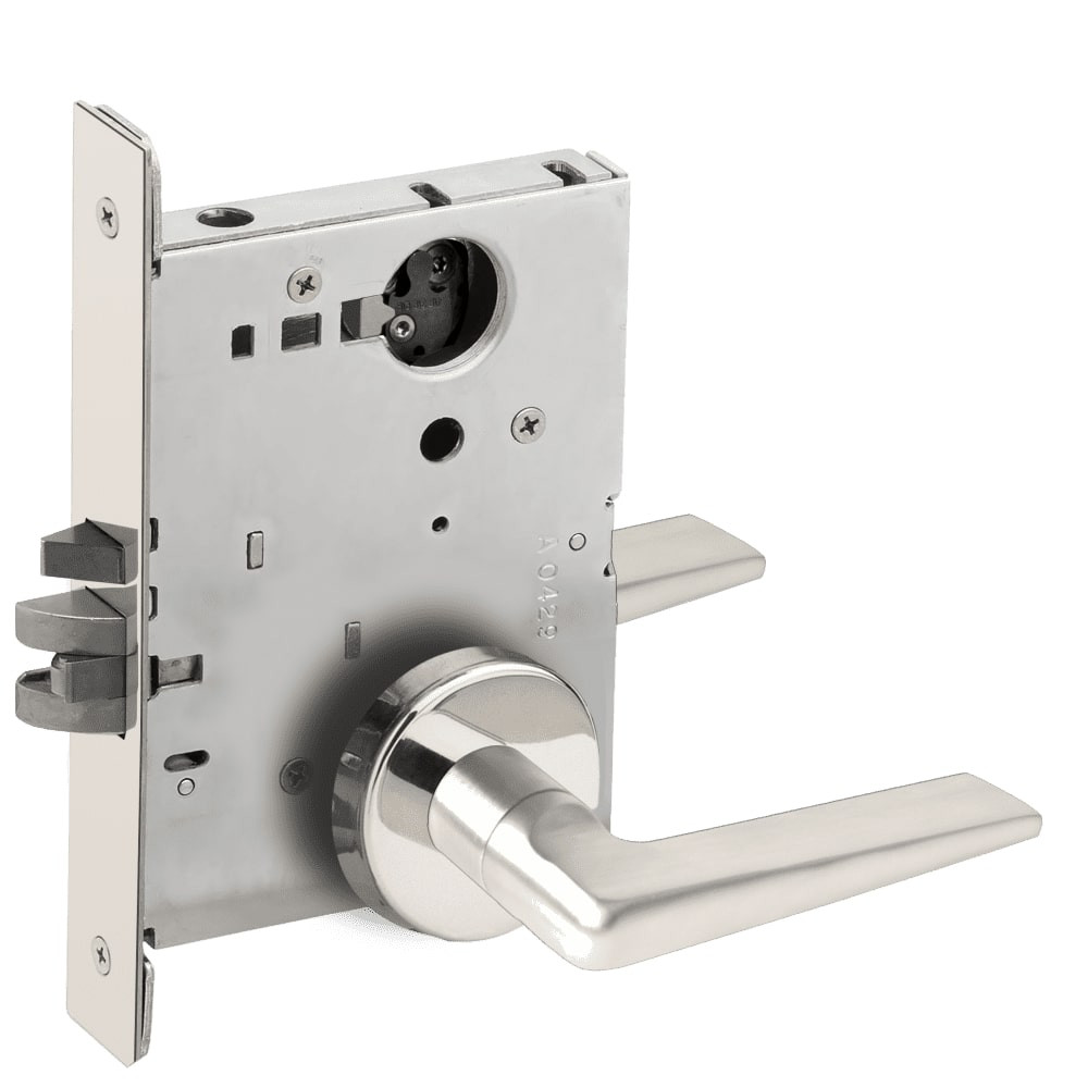 L9080L-05B-625-LX Schlage L Series Less Cylinder Storeroom Commercial - Latchbolt Monitor Mortise Lock with 05 Cast Lever Design in Bright Chrome