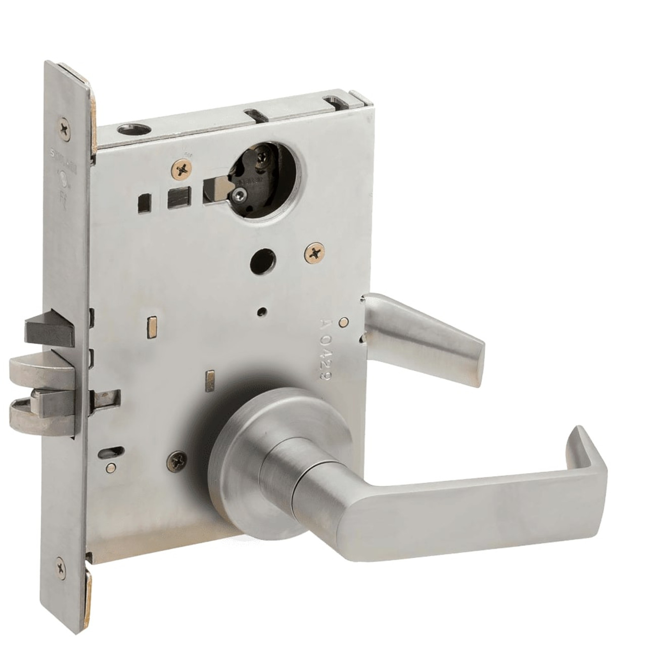 L9080L-06A-626-LX Schlage L Series Less Cylinder Storeroom Commercial - Latchbolt Monitor Mortise Lock with 06 Cast Lever Design in Satin Chrome