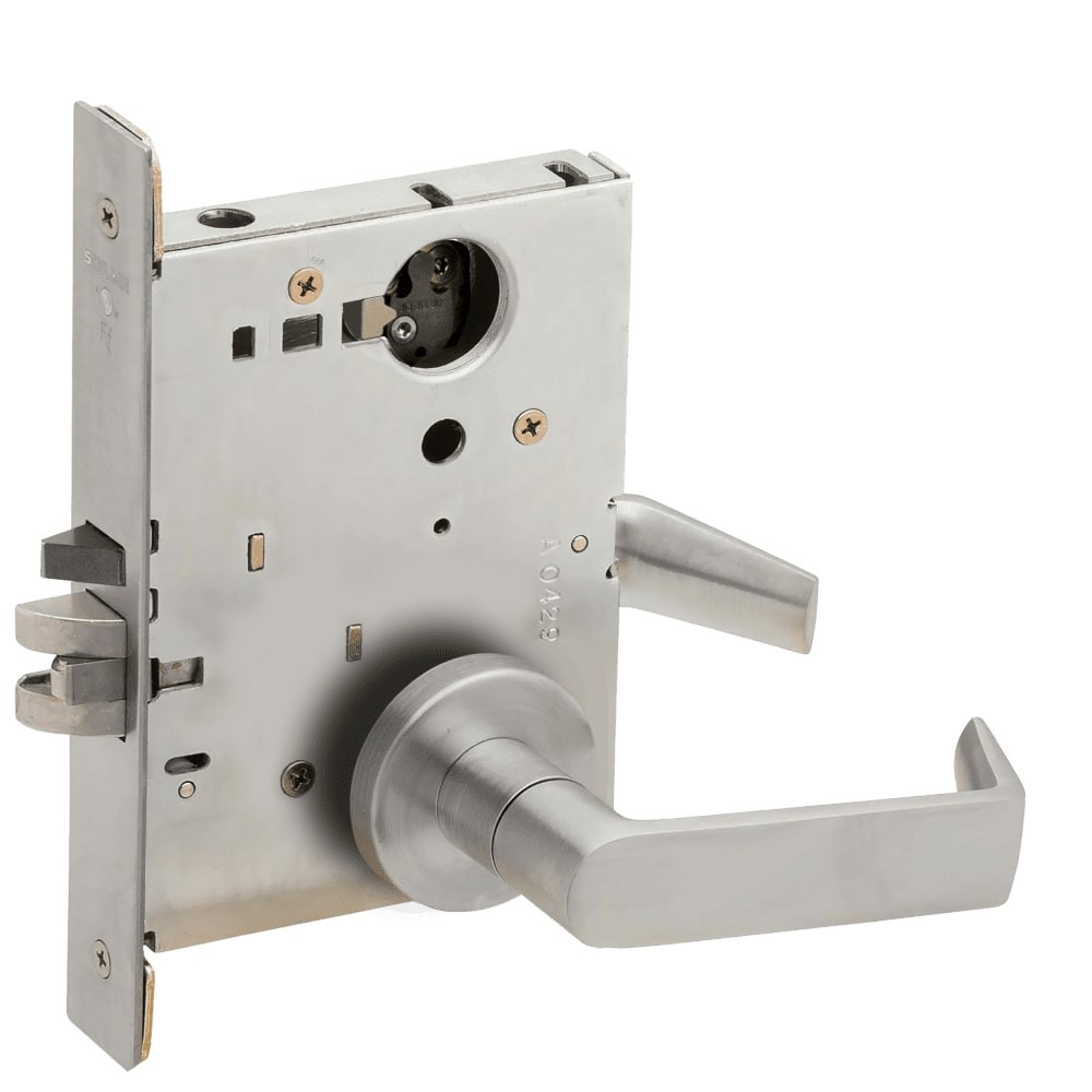 L9080L-06A-630-LX Schlage L Series Less Cylinder Storeroom Commercial - Latchbolt Monitor Mortise Lock with 06 Cast Lever Design in Satin Stainless Steel