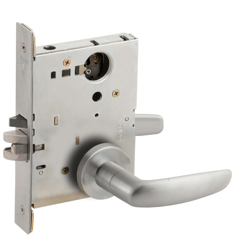 L9080L-07A-630-LX Schlage L Series Less Cylinder Storeroom Commercial - Latchbolt Monitor Mortise Lock with 07 Cast Lever Design in Satin Stainless Steel