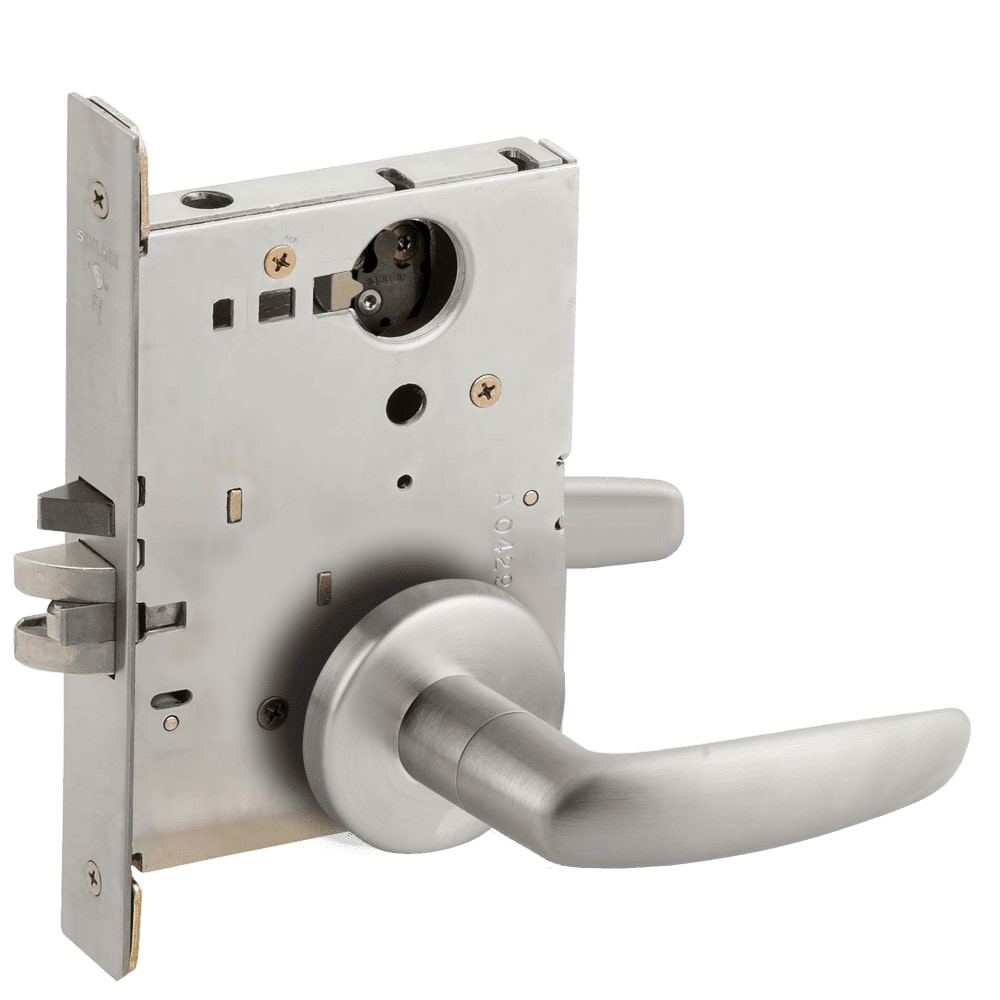 L9080L-07B-626-LX Schlage L Series Less Cylinder Storeroom Commercial - Latchbolt Monitor Mortise Lock with 07 Cast Lever Design in Satin Chrome