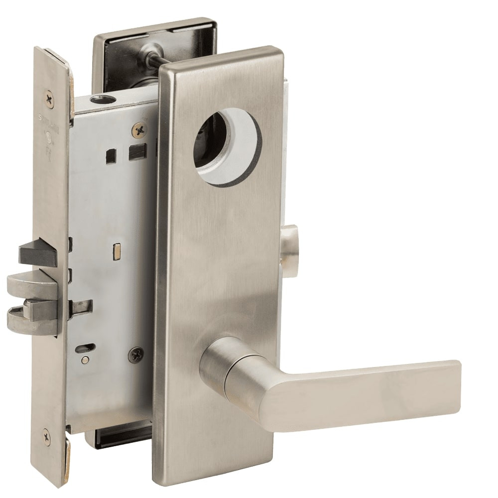 L9080L-01N-619-RX Schlage L Series Less Cylinder Storeroom Commercial - Request to Exit Mortise Lock with 01 Cast Lever Design in Satin Nickel