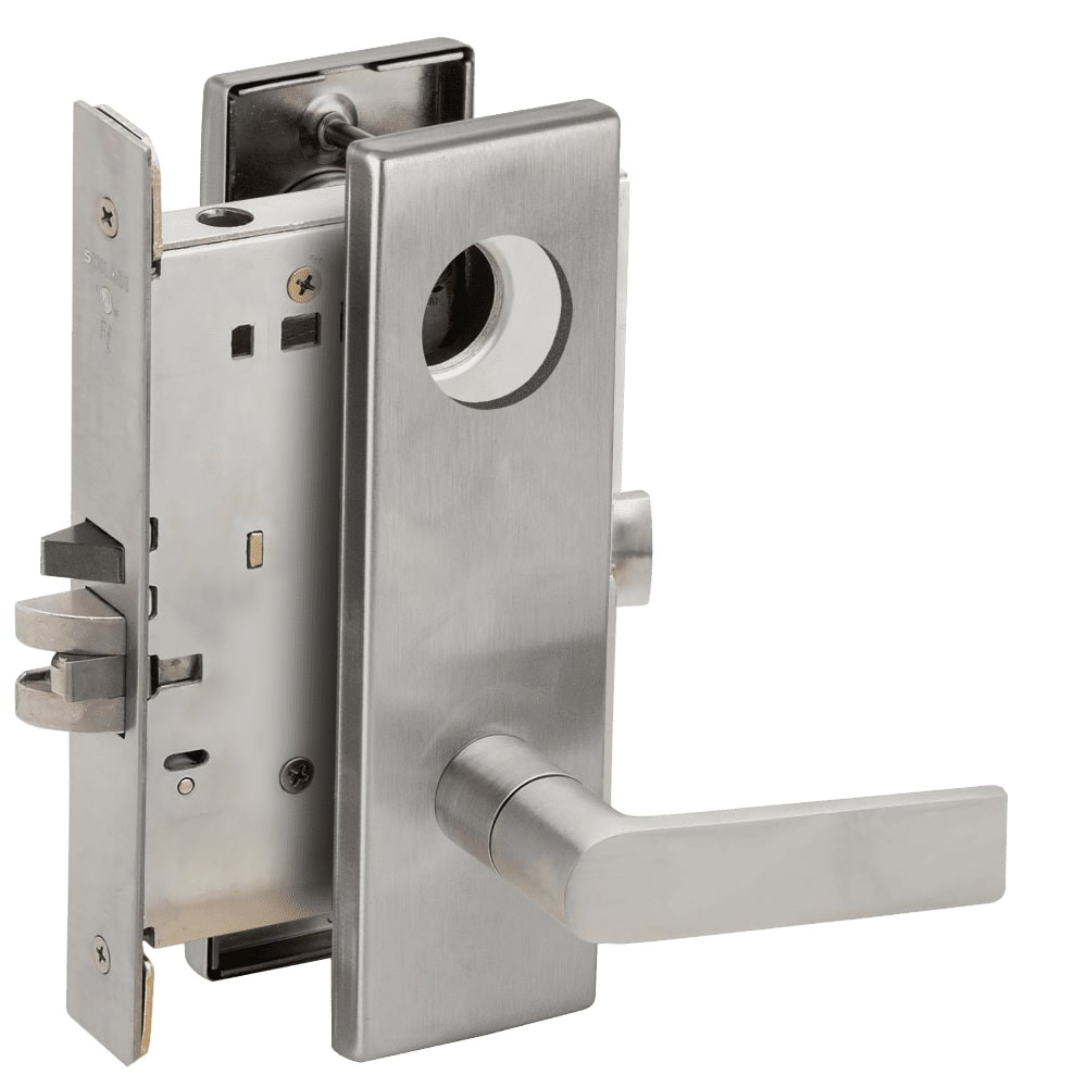 L9080L-01N-630-RX Schlage L Series Less Cylinder Storeroom Commercial - Request to Exit Mortise Lock with 01 Cast Lever Design in Satin Stainless Steel
