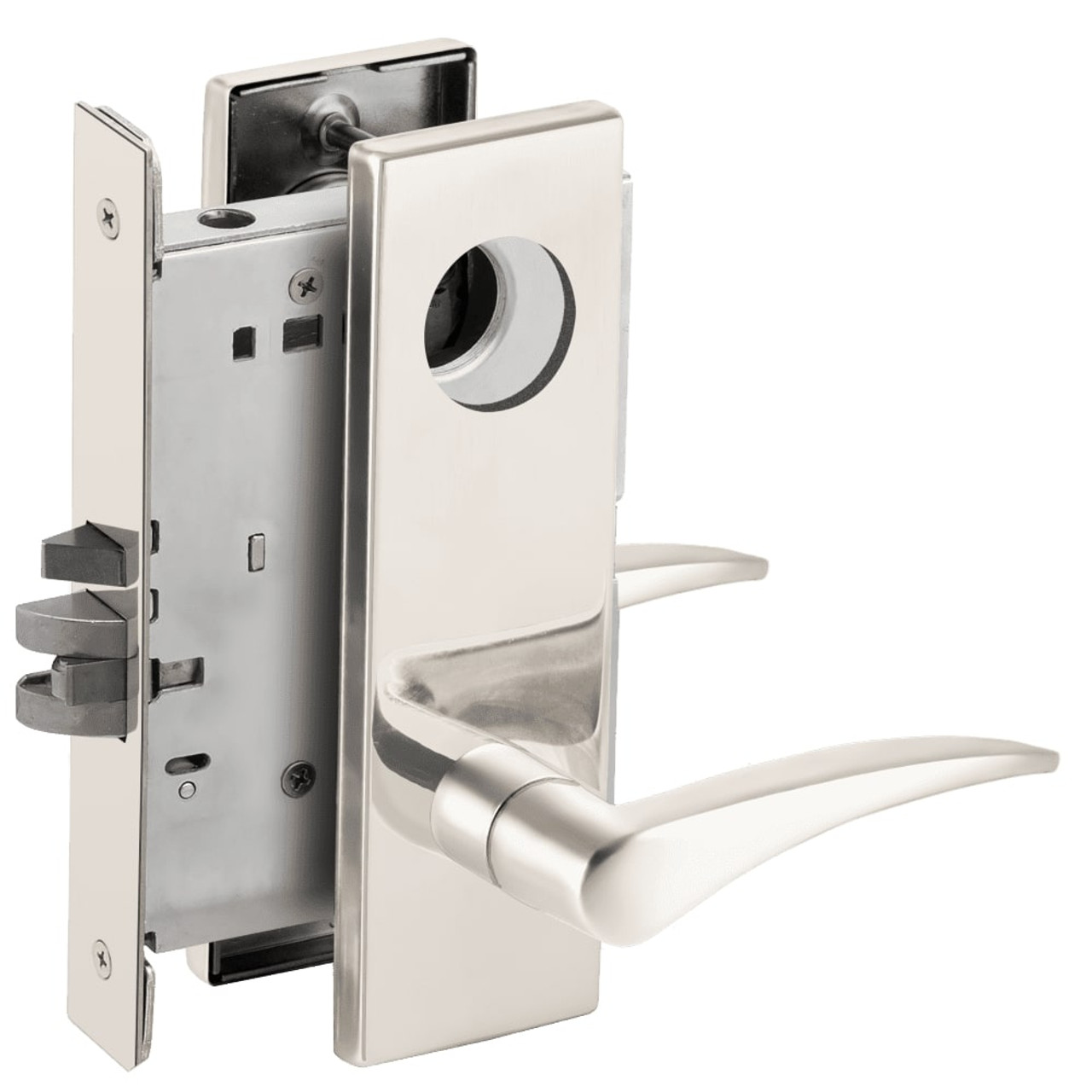 L9080L-12N-625-LH-RX Schlage L Series Less Cylinder Storeroom Commercial - Request to Exit Mortise Lock with 12 Cast Lever Design in Bright Chrome
