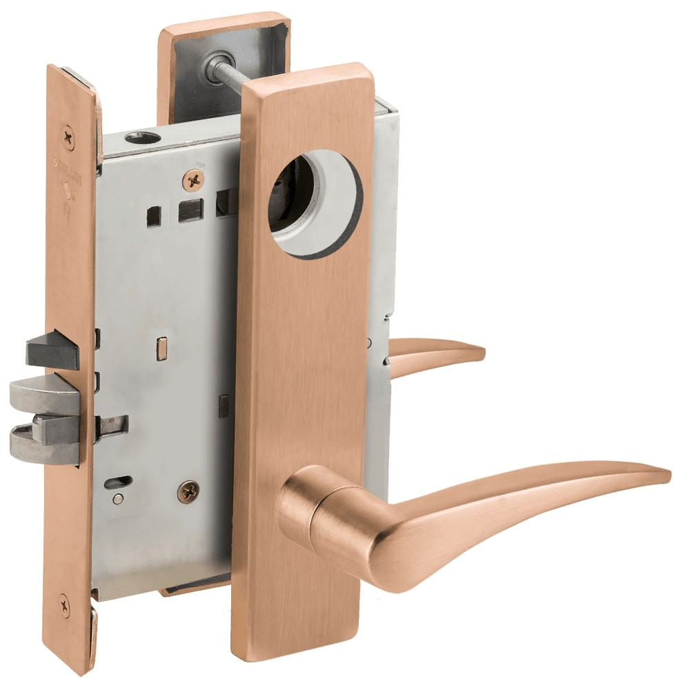 L9080L-12L-612-LH-RX Schlage L Series Less Cylinder Storeroom Commercial - Request to Exit Mortise Lock with 12 Cast Lever Design in Satin Bronze