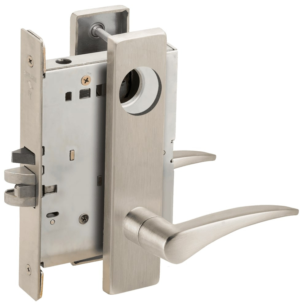 L9080L-12L-619-RH-RX Schlage L Series Less Cylinder Storeroom Commercial - Request to Exit Mortise Lock with 12 Cast Lever Design in Satin Nickel