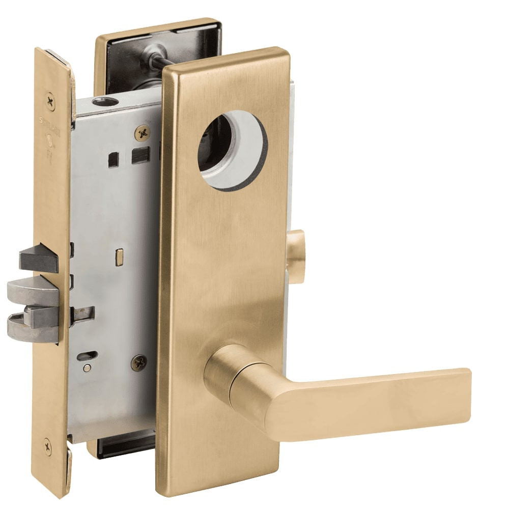 L9080L-01N-606-LX Schlage L Series Less Cylinder Storeroom Commercial - Latchbolt Monitor Mortise Lock with 01 Cast Lever Design in Satin Brass