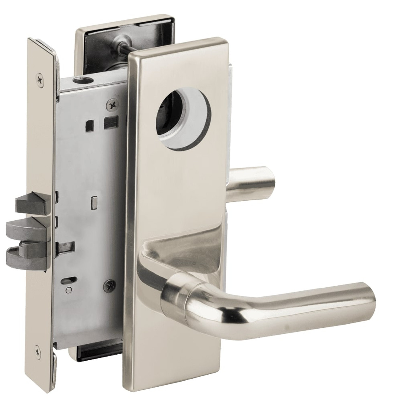 L9080L-02N-629-LX Schlage L Series Less Cylinder Storeroom Commercial - Latchbolt Monitor Mortise Lock with 02 Cast Lever Design in Bright Stainless Steel