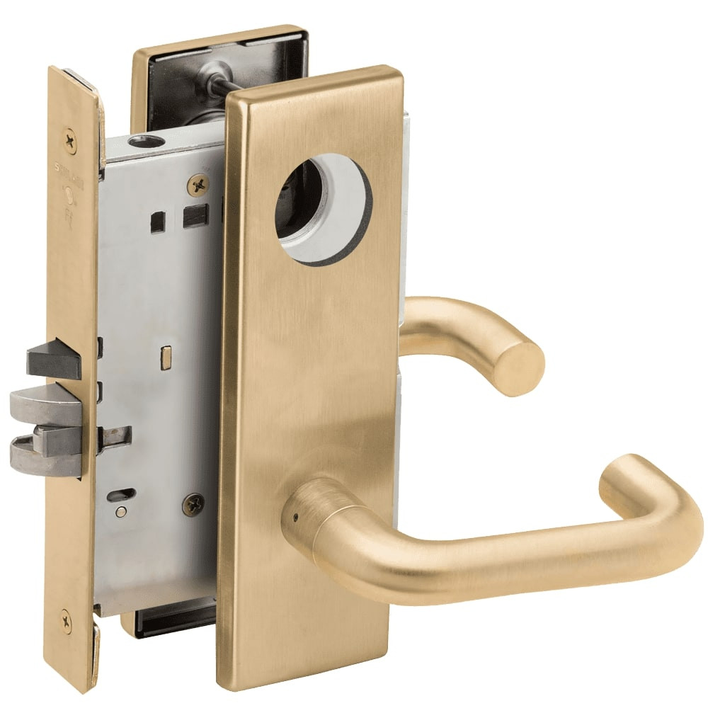 L9080L-03N-606-LX Schlage L Series Less Cylinder Storeroom Commercial - Latchbolt Monitor Mortise Lock with 03 Cast Lever Design in Satin Brass