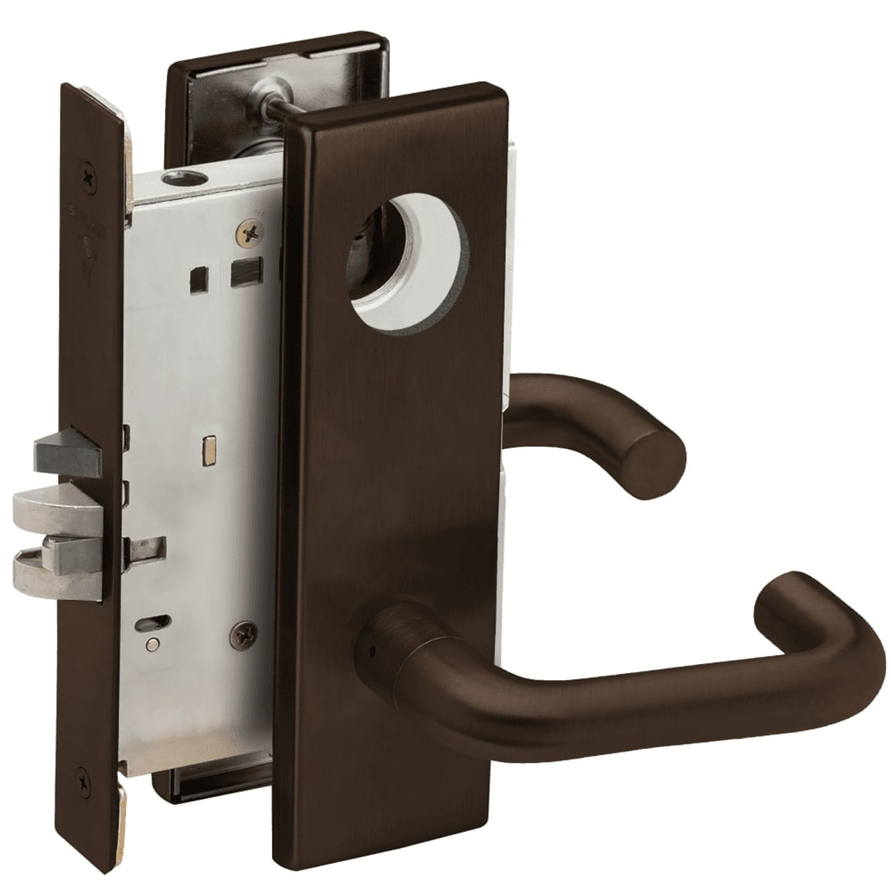 L9080L-03N-613-LX Schlage L Series Less Cylinder Storeroom Commercial - Latchbolt Monitor Mortise Lock with 03 Cast Lever Design in Oil Rubbed Bronze
