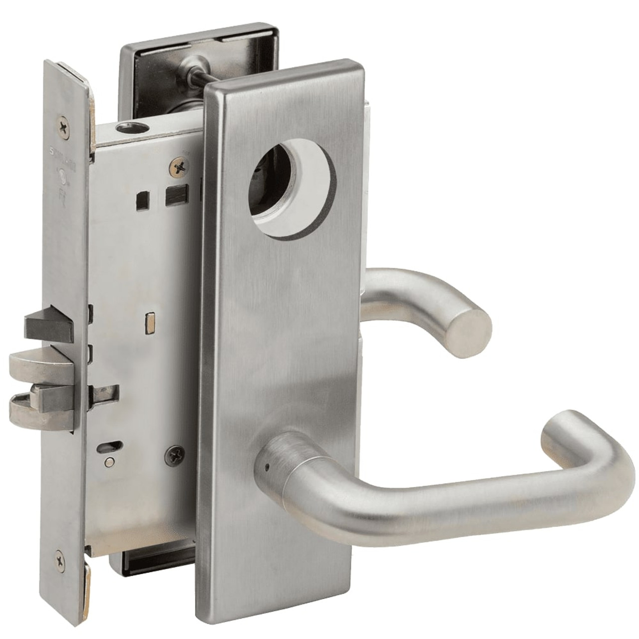 L9080L-03N-630-LX Schlage L Series Less Cylinder Storeroom Commercial - Latchbolt Monitor Mortise Lock with 03 Cast Lever Design in Satin Stainless Steel