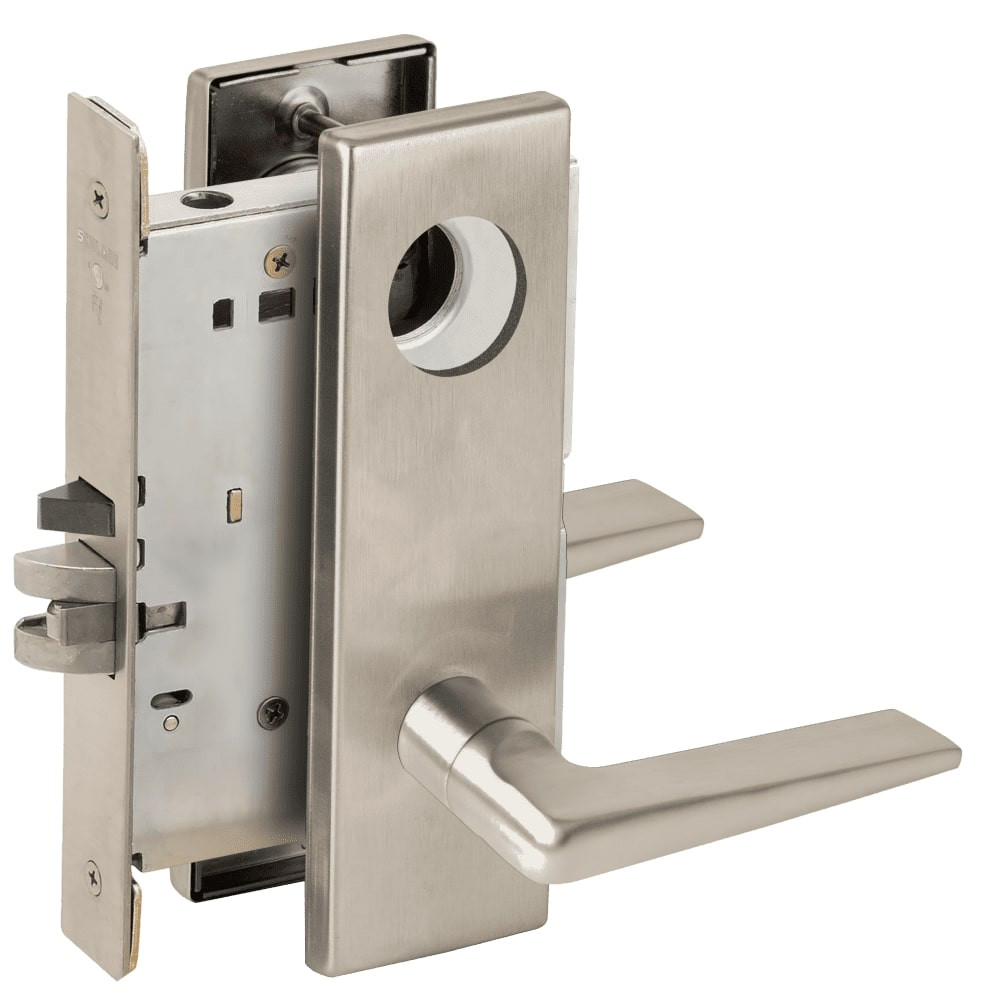 L9080L-05N-619-LX Schlage L Series Less Cylinder Storeroom Commercial - Latchbolt Monitor Mortise Lock with 05 Cast Lever Design in Satin Nickel