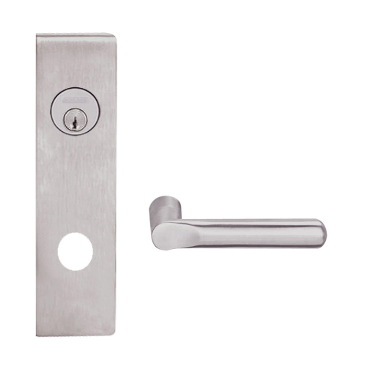 L9080L-18N-630-LX Schlage L Series Less Cylinder Storeroom Commercial - Latchbolt Monitor Mortise Lock with 18 Cast Lever Design in Satin Stainless Steel