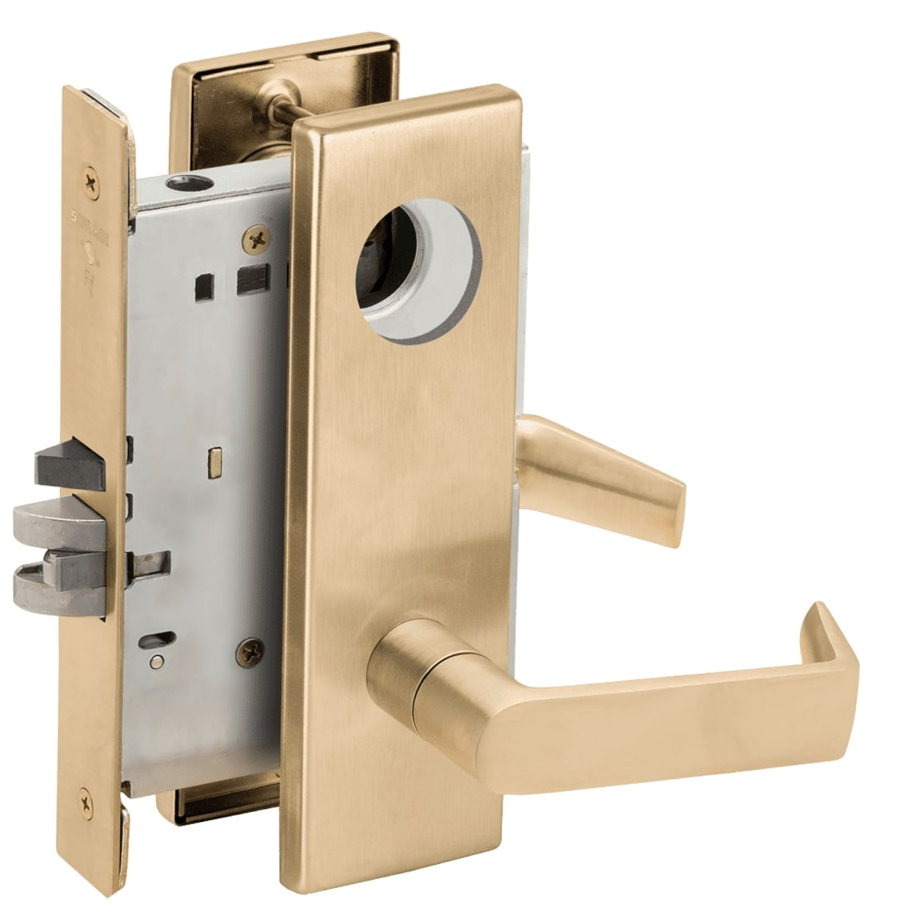 L9080L-06N-606-LX Schlage L Series Less Cylinder Storeroom Commercial - Latchbolt Monitor Mortise Lock with 06 Cast Lever Design in Satin Brass