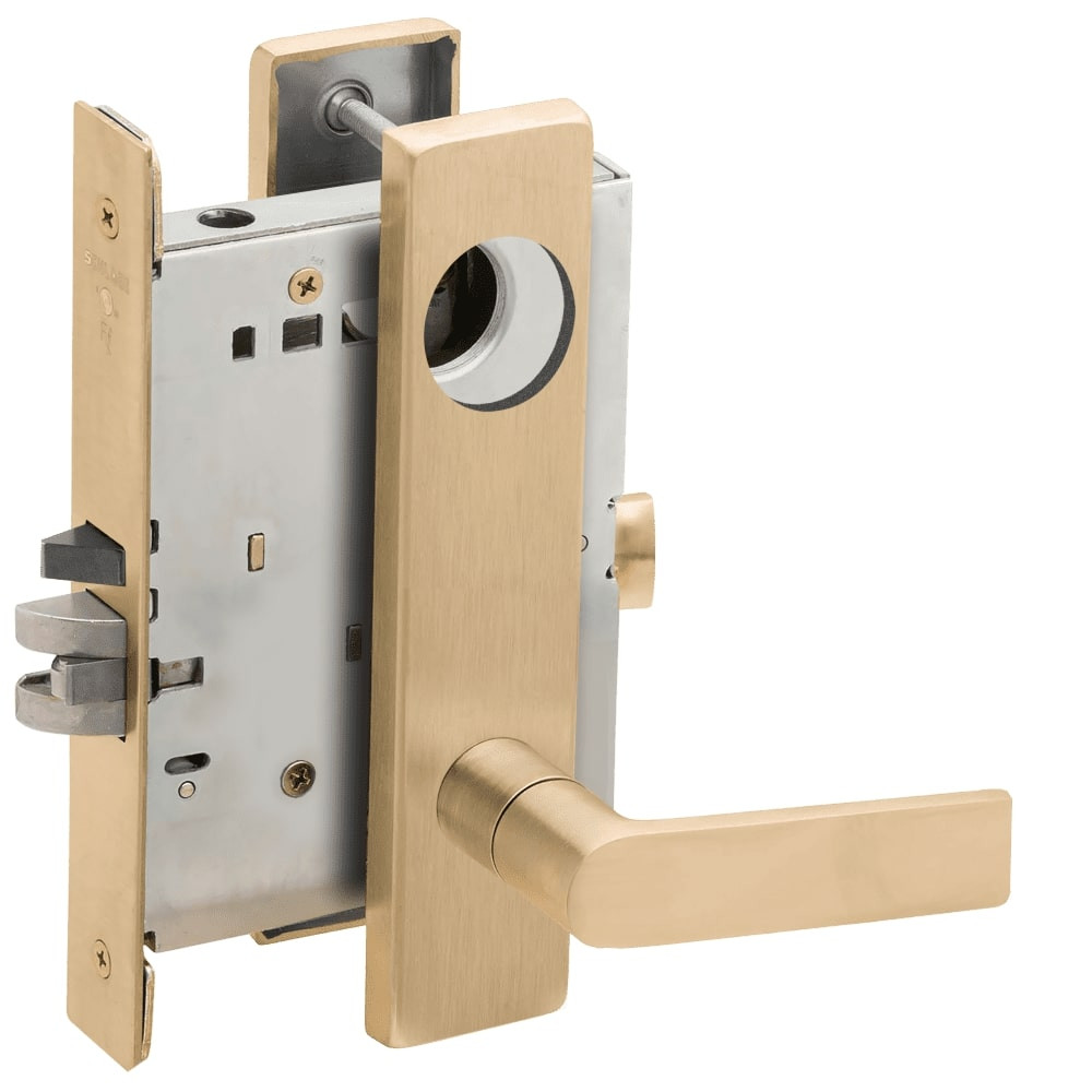 L9080L-01L-606-LX Schlage L Series Less Cylinder Storeroom Commercial - Latchbolt Monitor Mortise Lock with 01 Cast Lever Design in Satin Brass