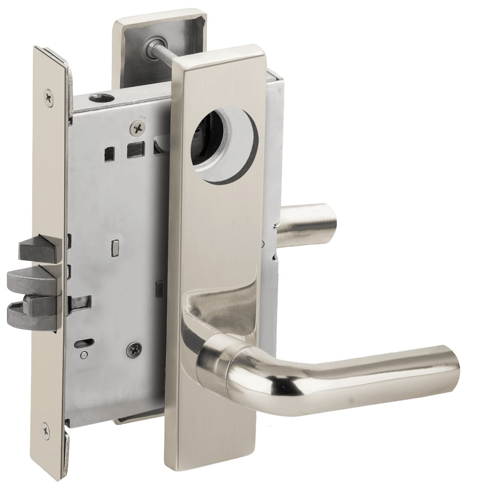 L9080L-02L-629-LX Schlage L Series Less Cylinder Storeroom Commercial - Latchbolt Monitor Mortise Lock with 02 Cast Lever Design in Bright Stainless Steel