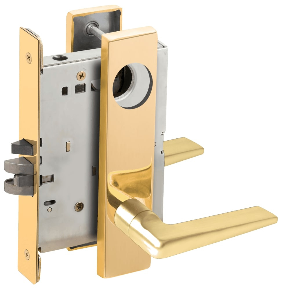 L9080L-05L-605-LX Schlage L Series Less Cylinder Storeroom Commercial - Latchbolt Monitor Mortise Lock with 05 Cast Lever Design in Bright Brass
