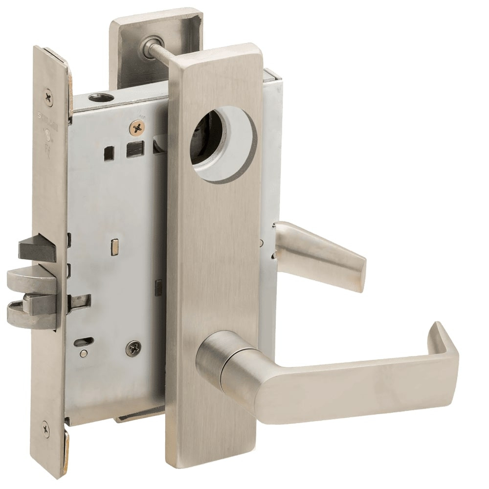 L9080L-06L-619-LX Schlage L Series Less Cylinder Storeroom Commercial - Latchbolt Monitor Mortise Lock with 06 Cast Lever Design in Satin Nickel