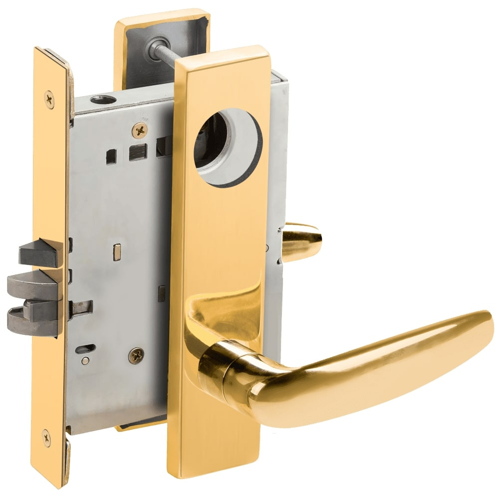 L9080L-07L-605-LX Schlage L Series Less Cylinder Storeroom Commercial - Latchbolt Monitor Mortise Lock with 07 Cast Lever Design in Bright Brass