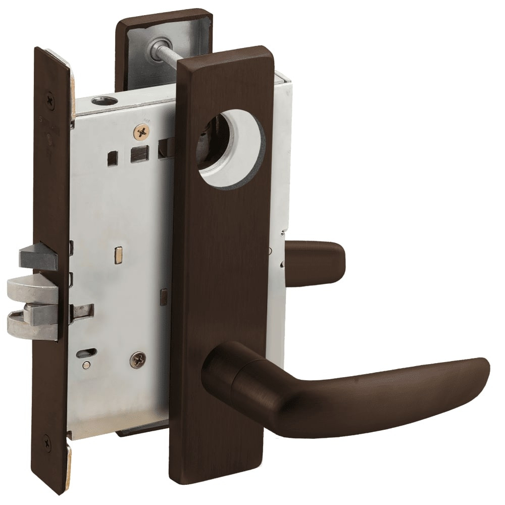 L9080L-07L-613-LX Schlage L Series Less Cylinder Storeroom Commercial - Latchbolt Monitor Mortise Lock with 07 Cast Lever Design in Oil Rubbed Bronze