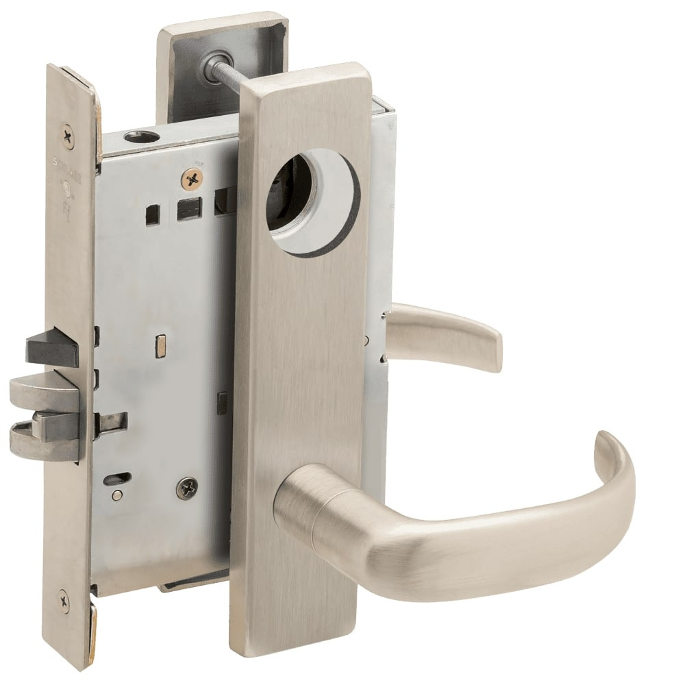 L9080L-17L-619-LX Schlage L Series Less Cylinder Storeroom Commercial - Latchbolt Monitor Mortise Lock with 17 Cast Lever Design in Satin Nickel