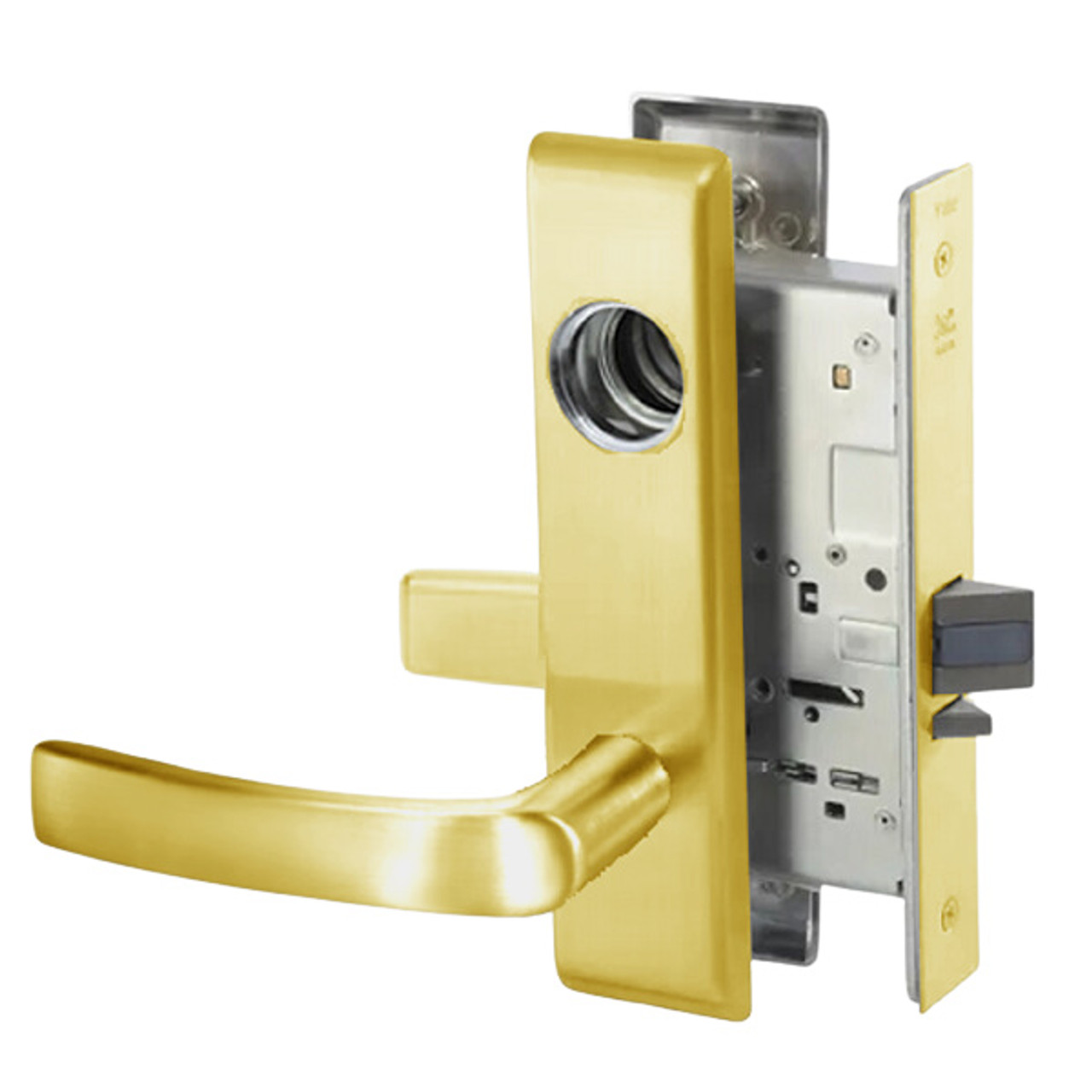 MOCN8824FL-606-LC Yale 8800FL Series Less Cylinder Mortise Hold Back Locks with Monroe Lever in Satin Brass