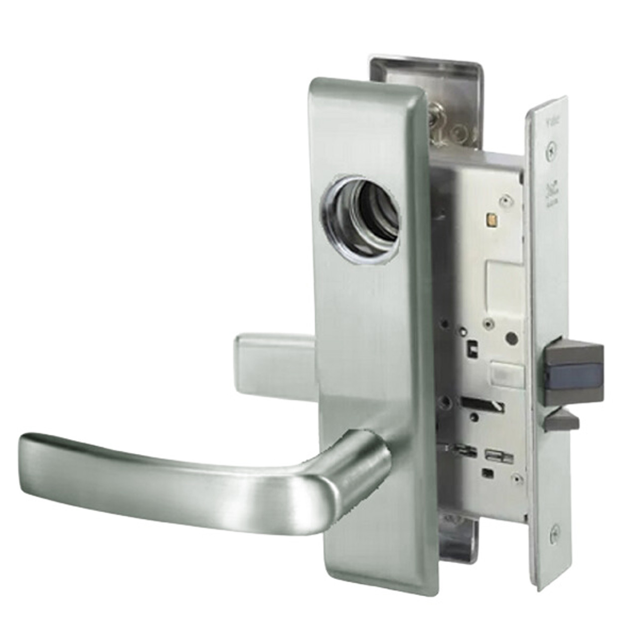 MOCN8847FL-619-LC Yale 8800FL Series Less Cylinder with Deadbolt Mortise Entrance Lock with Indicator with Monroe Lever in Satin Nickel